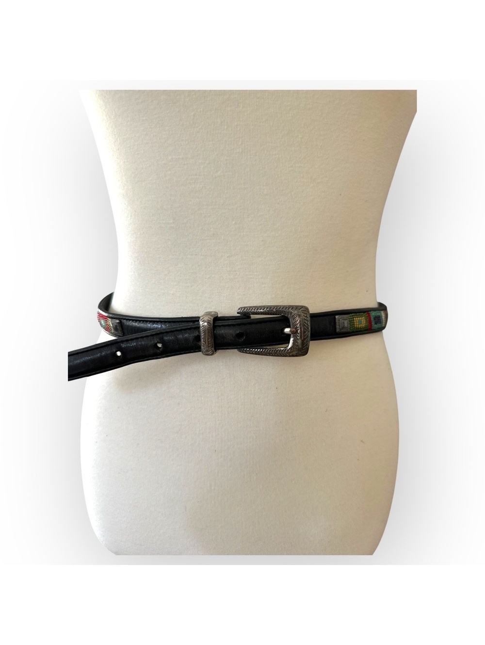 BRIGHTON Vintage Black Multi-Color Beaded Southwestern Engraved Buckle Belt 32